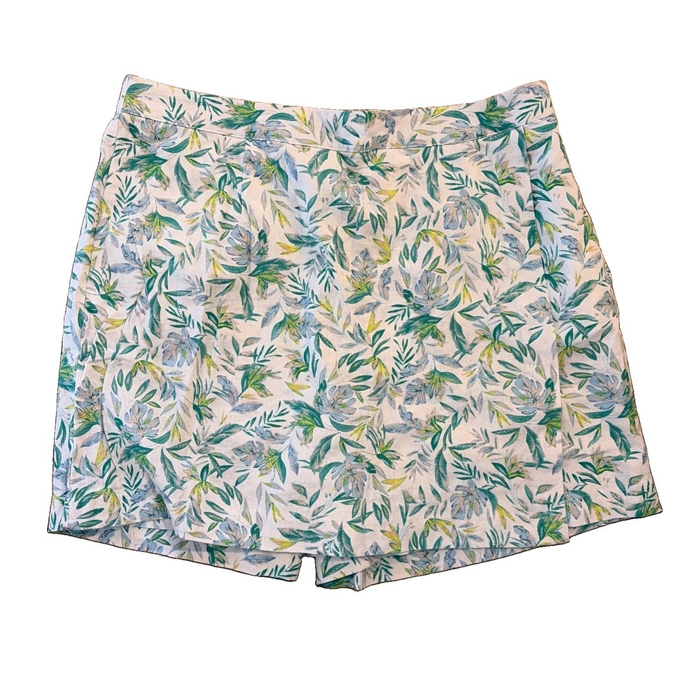 Ellen Tracy Linen Blend Tropical Print Pockets Elastic Back Waist Skort Size L